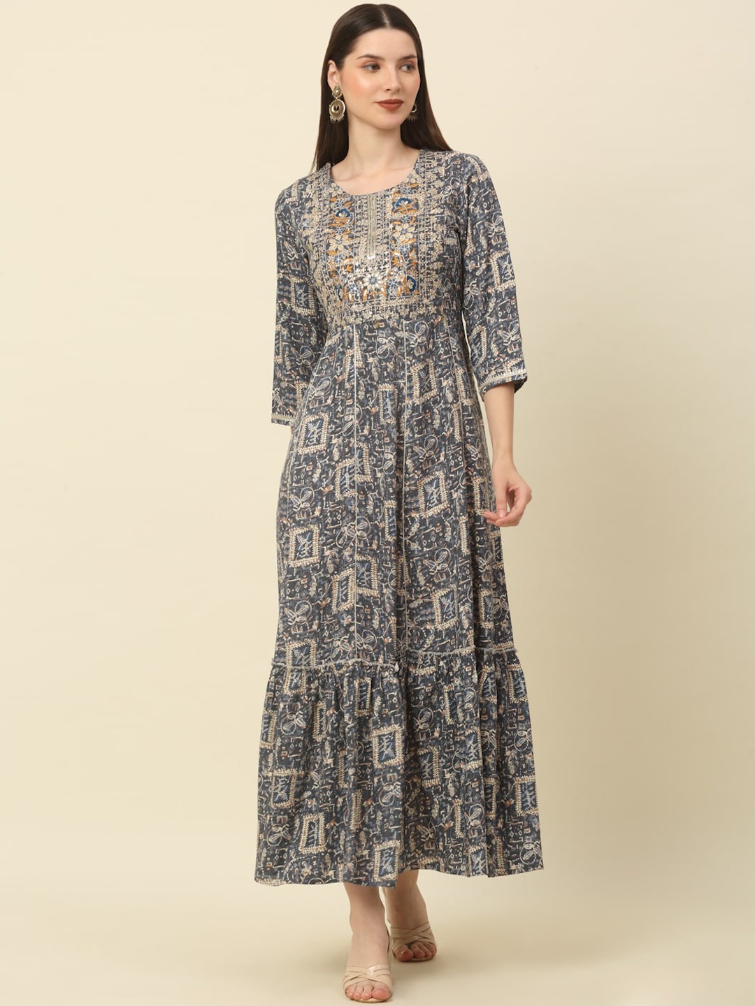 

KALINI Ethnic Motifs Printed Embroidered Ethnic Dress, Grey