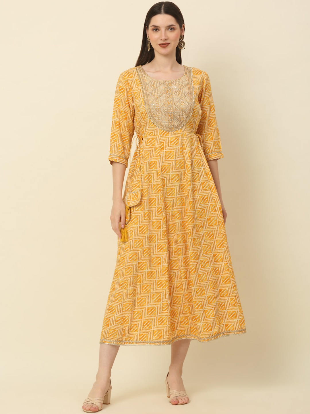

KALINI Geometric Print Sequinned Anarkali Kurta, Yellow