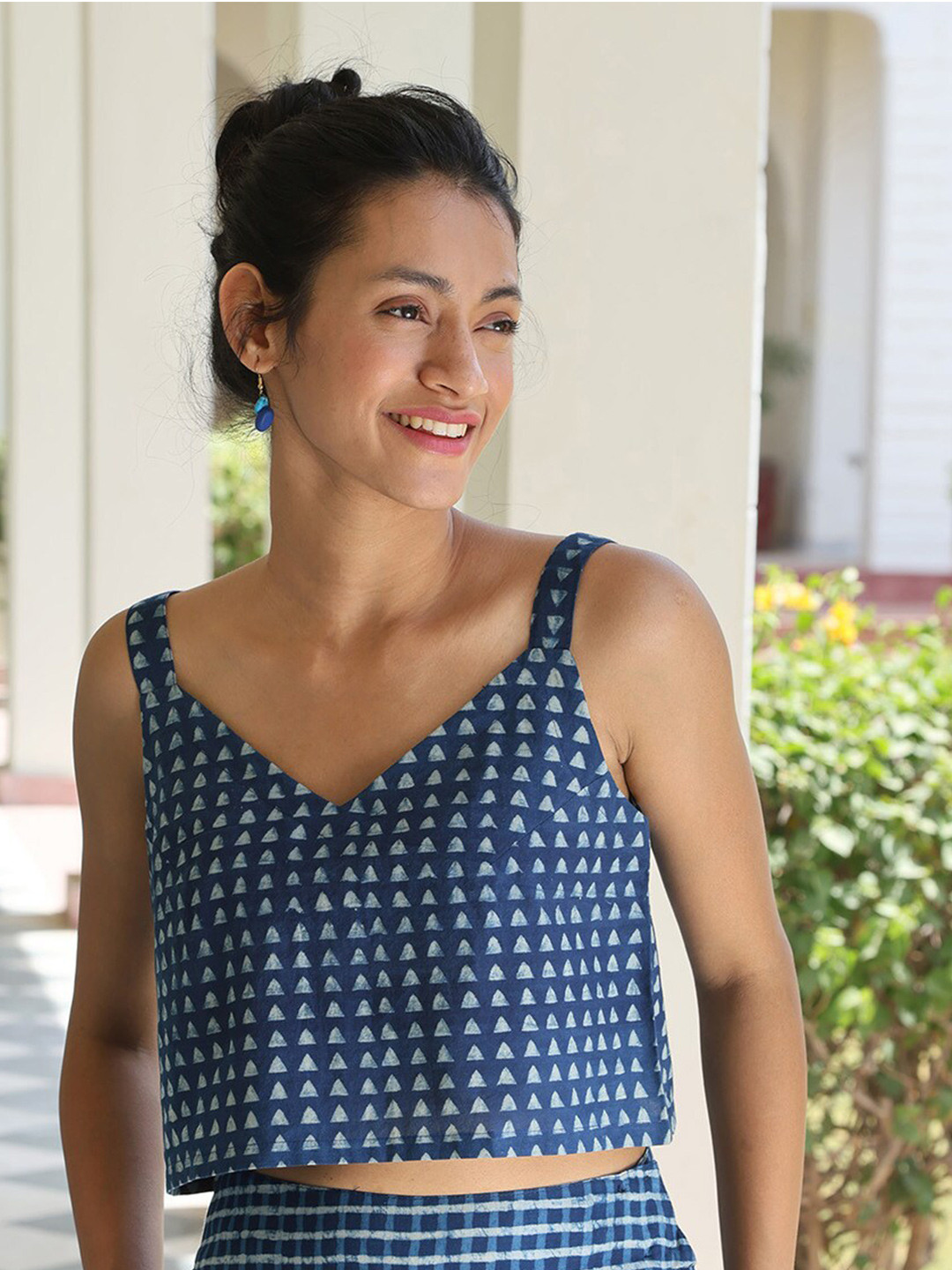 

OKHAI Geometric Block Printed Pure Cotton Crop Top, Blue