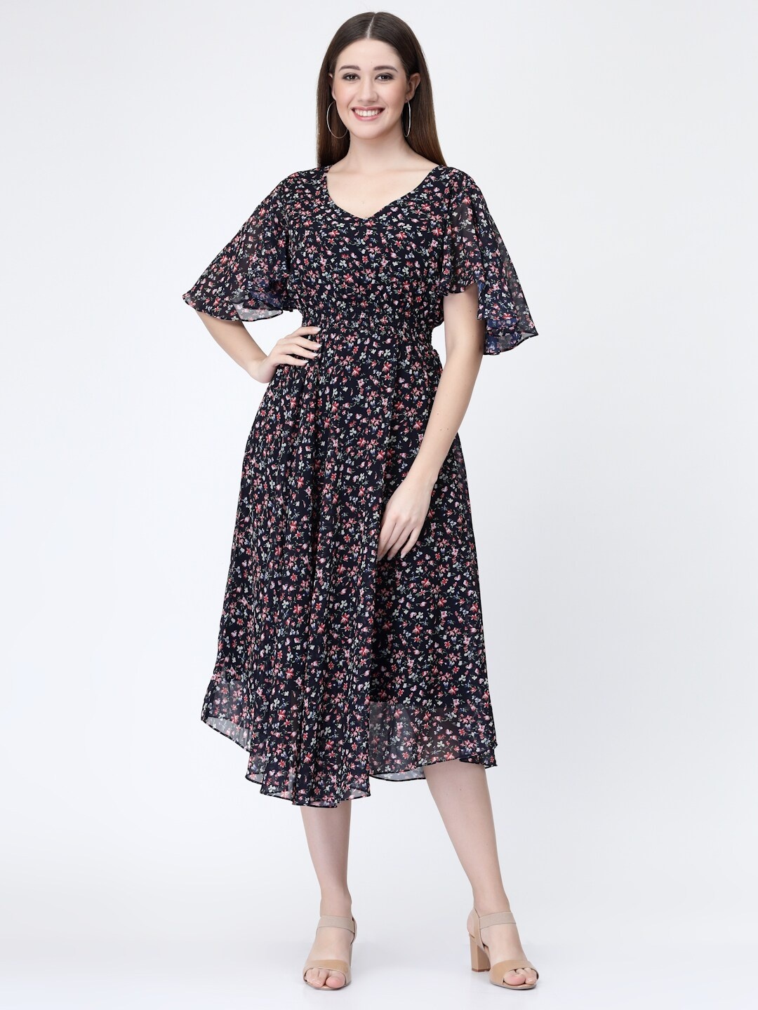 

MISS AYSE Floral Print Flared Sleeve Georgette Fit & Flare Midi Dress, Black