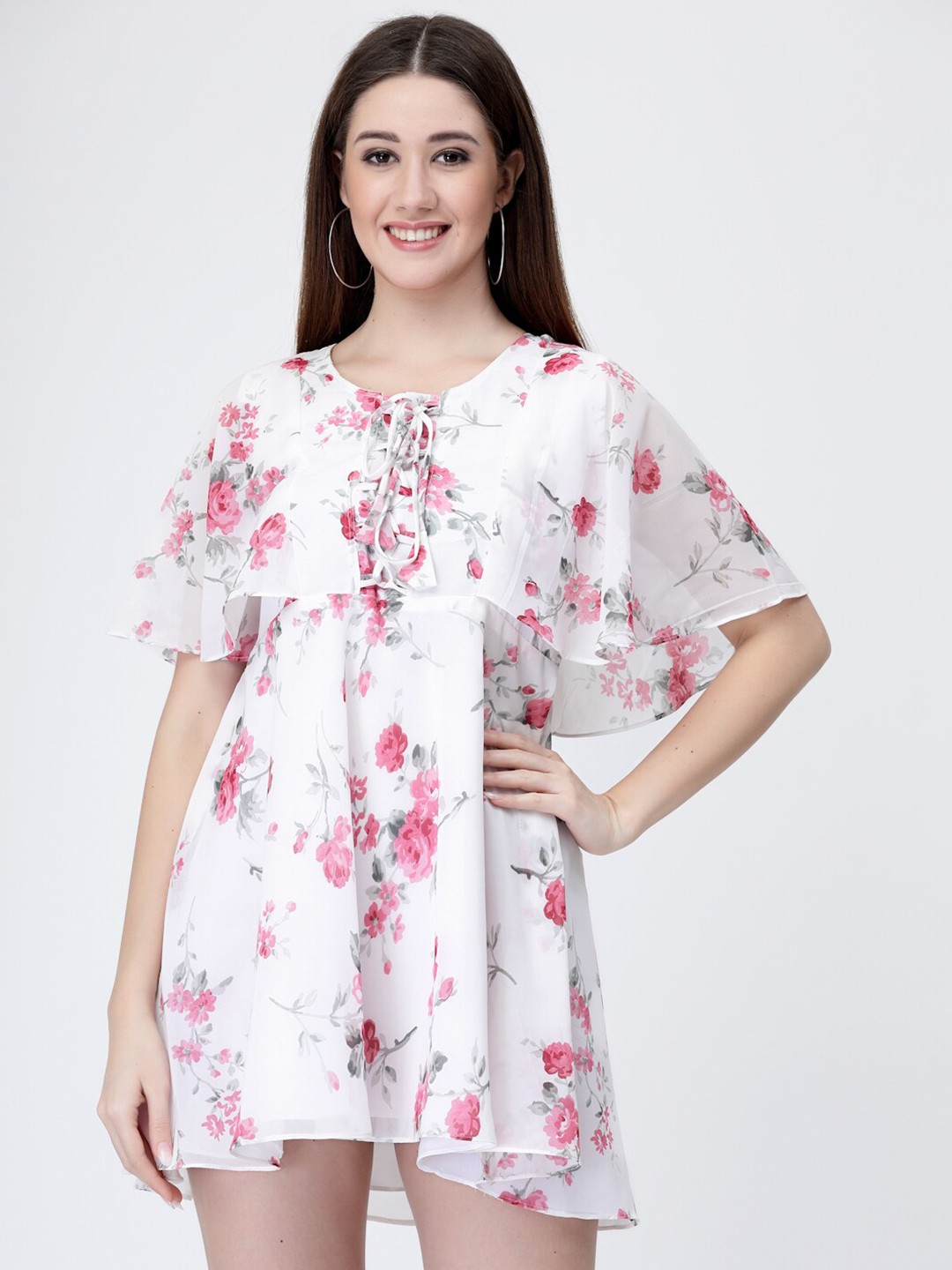 

MISS AYSE Floral Printed Tie-Up Neck Flared Sleeve Georgette A-Line Mini Dress, White