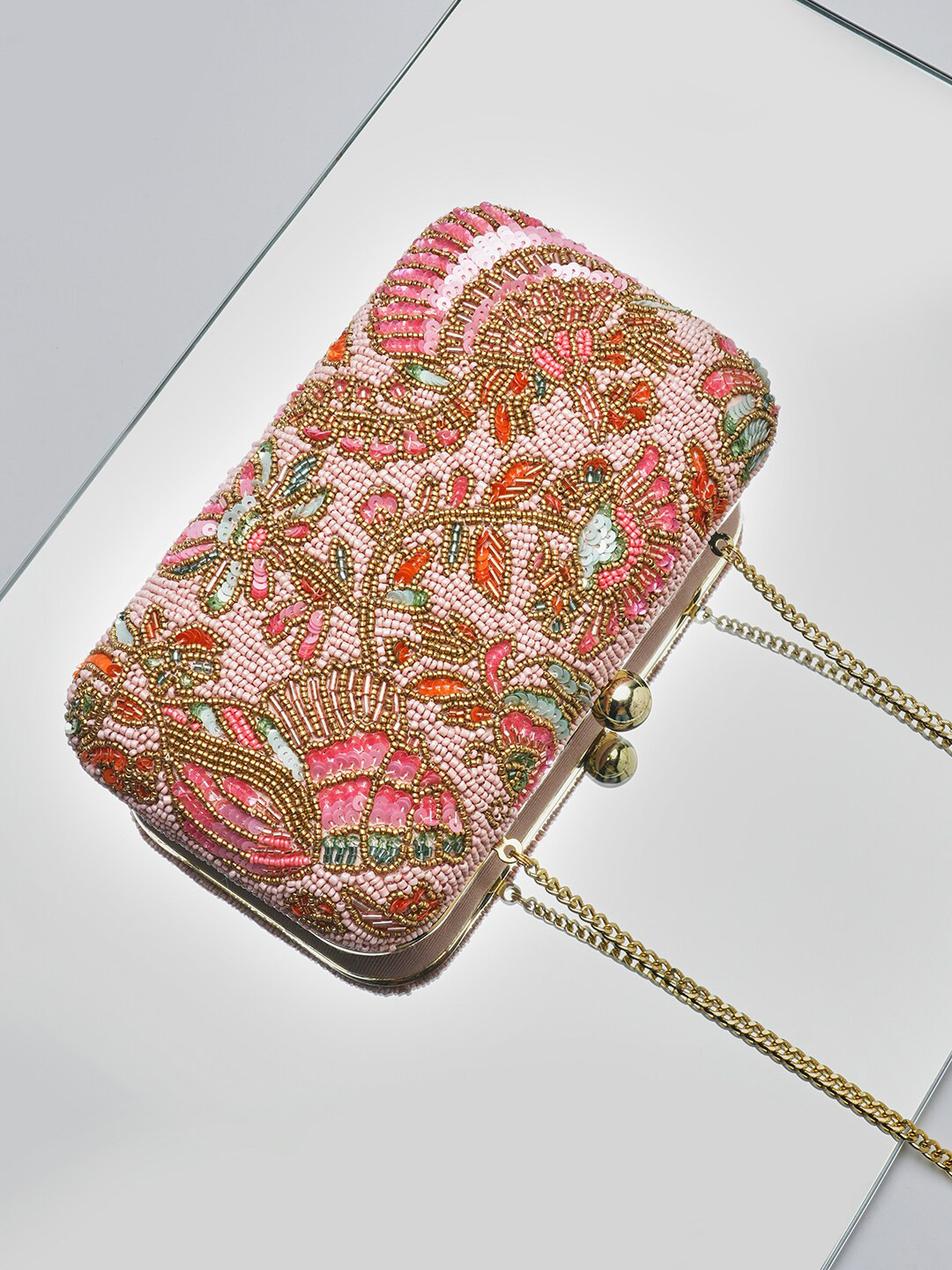 

Accessorize London Women's Multi Beaded Floral Hardcase Clutch, Peach