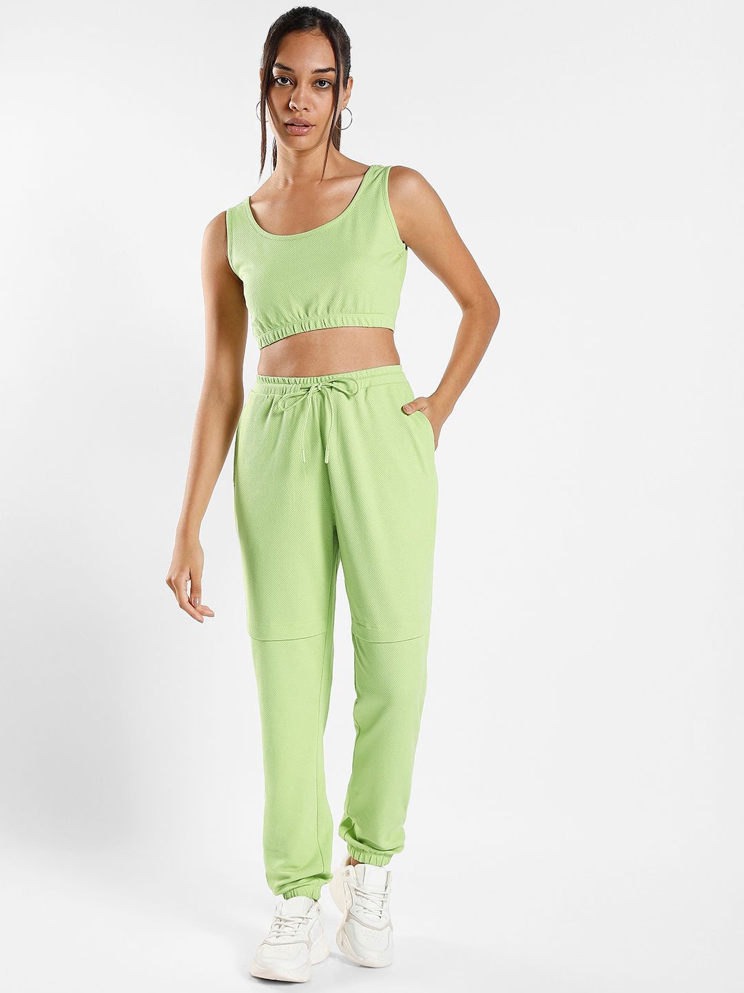 

NOBERO Textured Cotton Crop Top With Joggers, Green