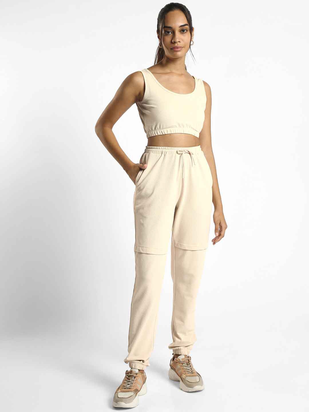 

NOBERO Textured Crop Top & Joggers Co-ord Set, Beige