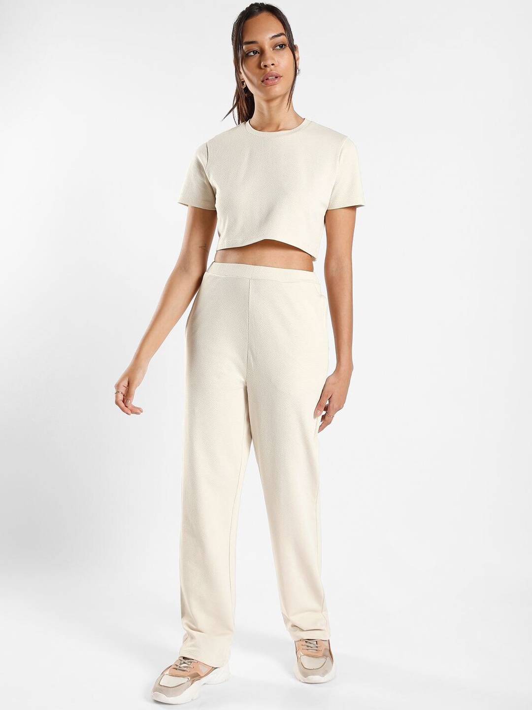 

NOBERO Textured Crop T-shirt & Trousers Co-ord Set, Beige