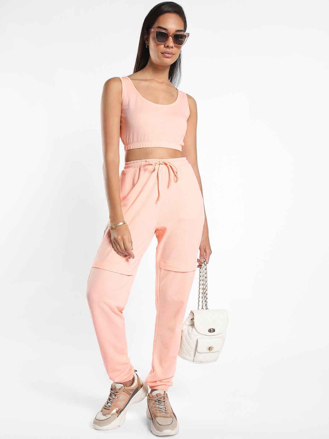 

NOBERO Textured Self Design Crop Top With Joggers, Peach