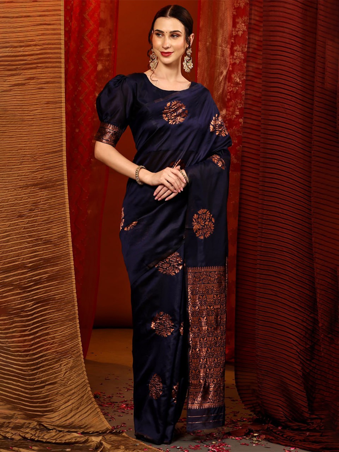 

Fab Viva Ethnic Motifs Woven Design Zari Jacquard Banarasi Saree, Navy blue