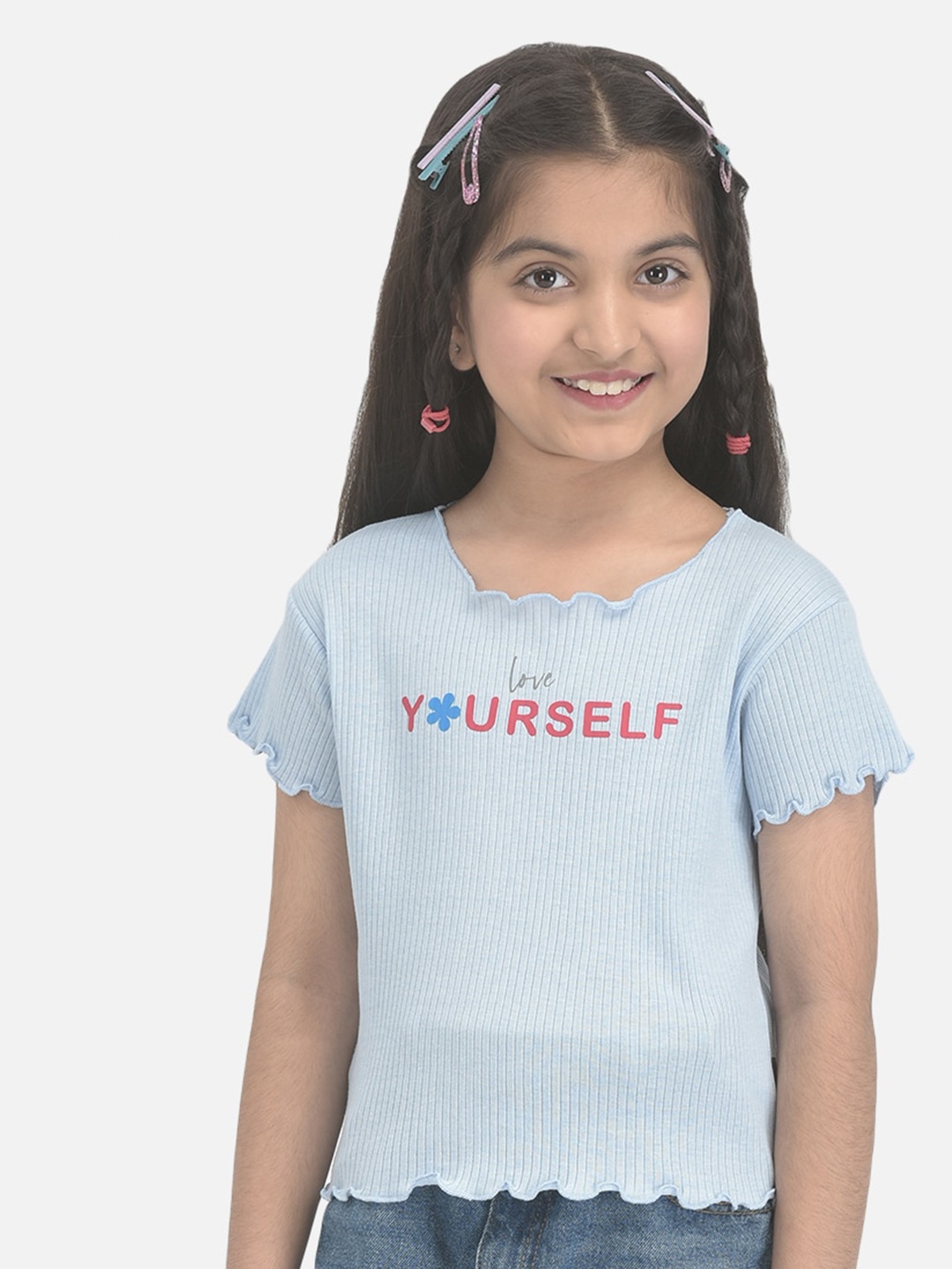 Crimsoune Club Girls Typography Printed Casual T-shirt, Blue
