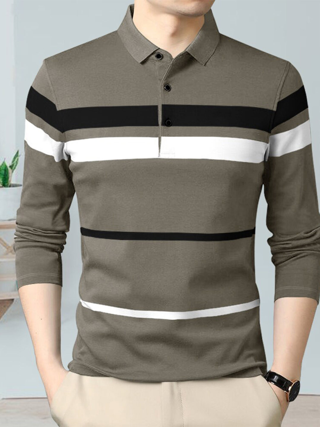 

Eyebogler Striped Polo Collar Cotton T-shirt, Grey