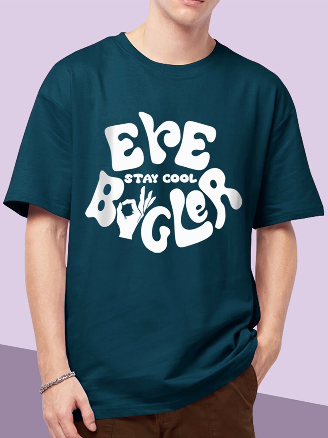 Eyebogler Brand Logo Printed Loose Cotton T-shirt, Blue