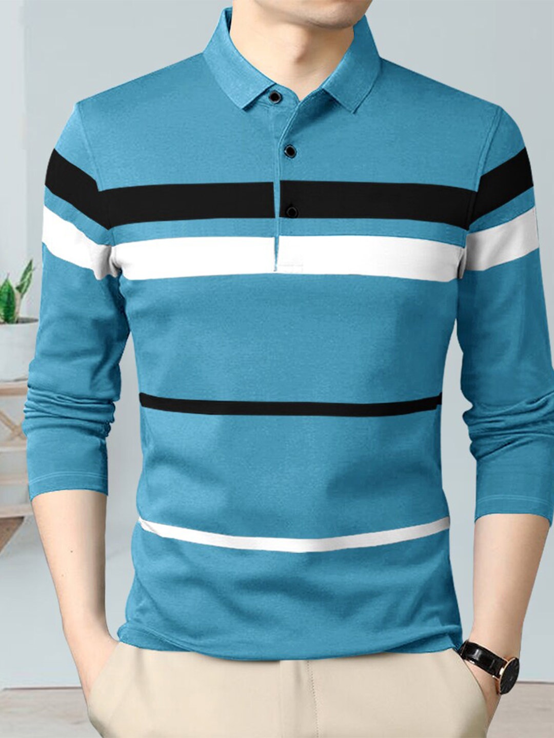 

Eyebogler Striped Polo Collar Cotton T-shirt, Turquoise blue
