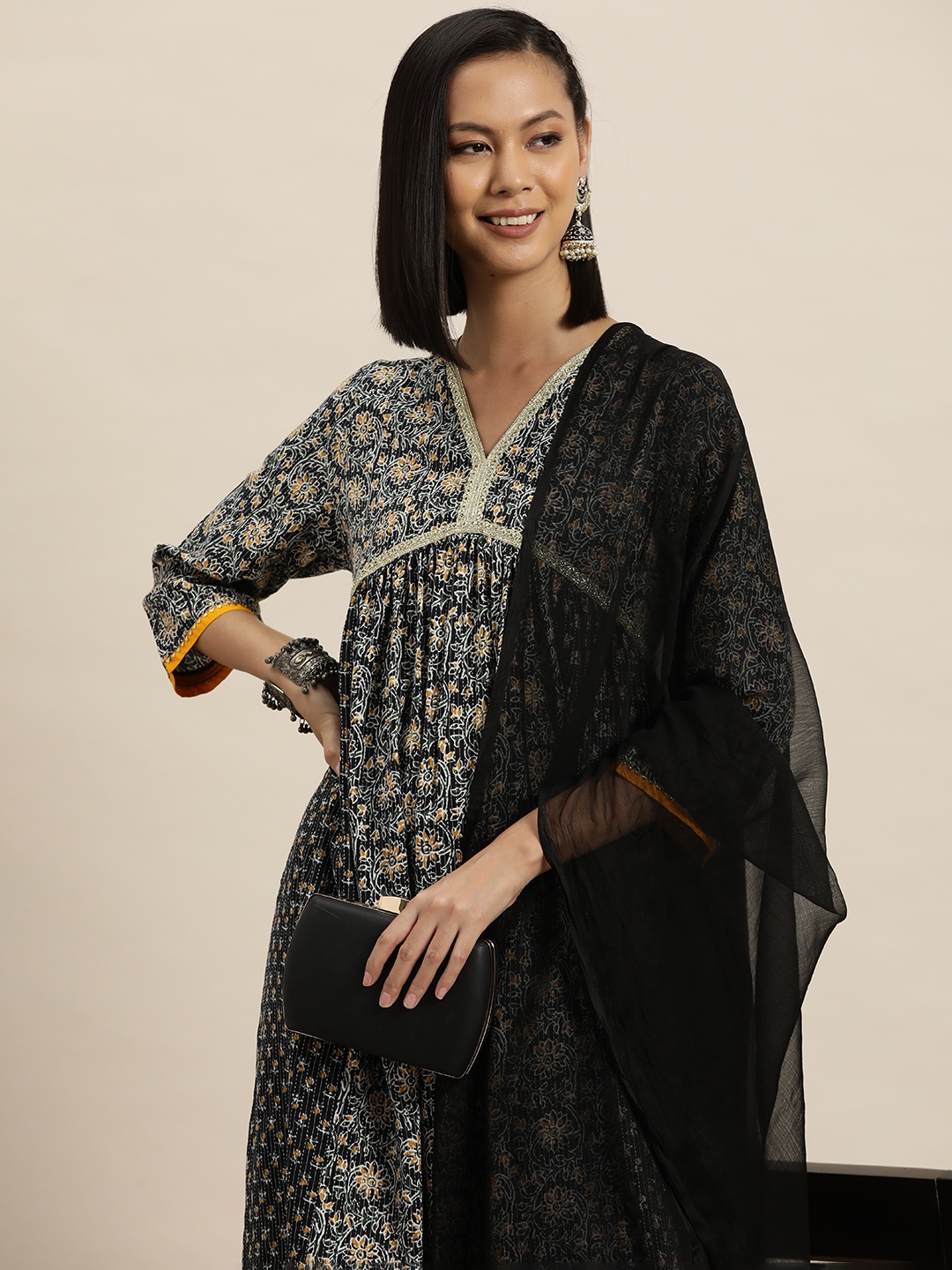

HERE&NOW Floral Printed Zari Empire Pure Cotton Kurta with Trousers & Dupatta, Black