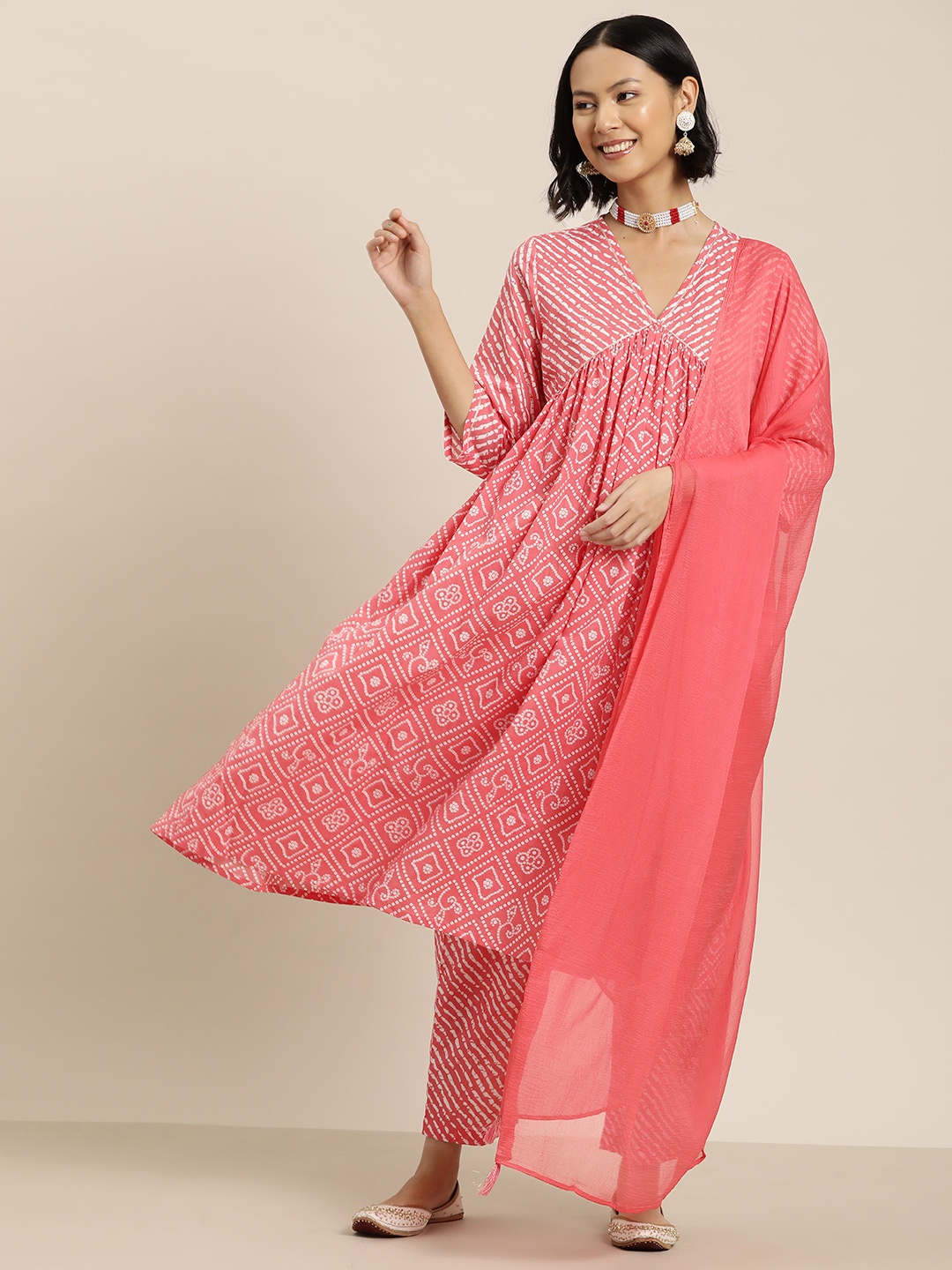 

HERE&NOW Women Bandhani Printed Pleated Pure Cotton Kurta with Palazzos & With Dupatta, Pink