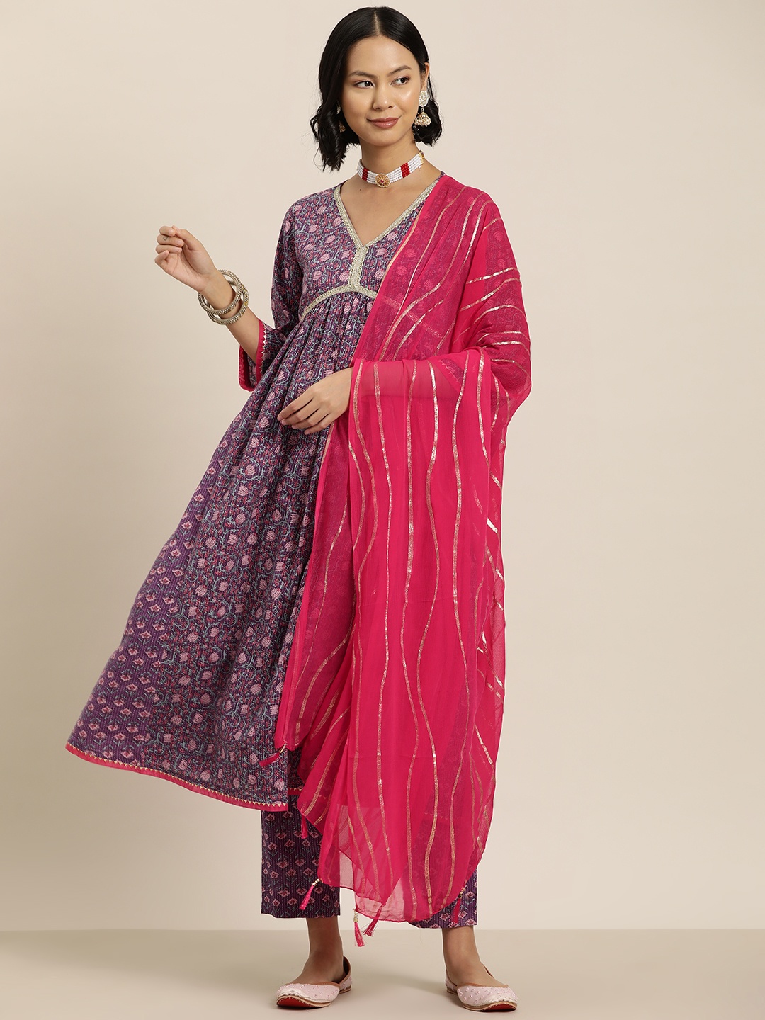 

HERE&NOW Floral Embroidered Empire Zari Pure Cotton Kurta with Trousers & Dupatta, Purple