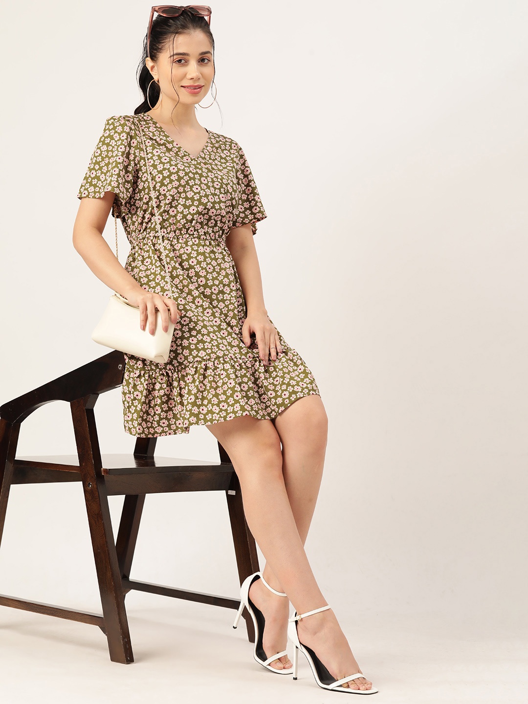 

DressBerry Floral Print Flared Sleeves Wrap Dress, Olive