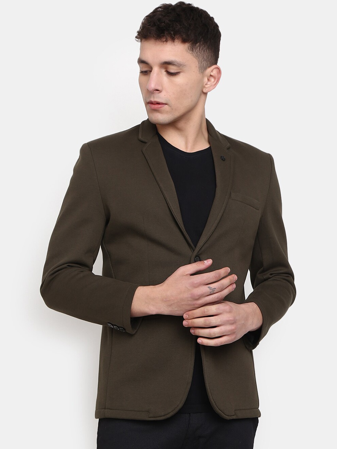 

V-Mart Notched Lapel Collar Single-Breasted Cotton Casual Blazer, Olive