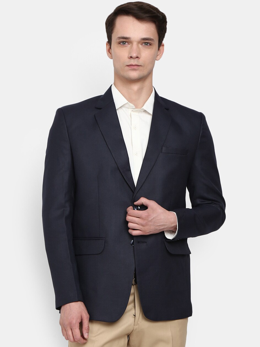 

V-Mart Notched Lapel Collar Single Breasted Cotton Formal Blazer, Navy blue