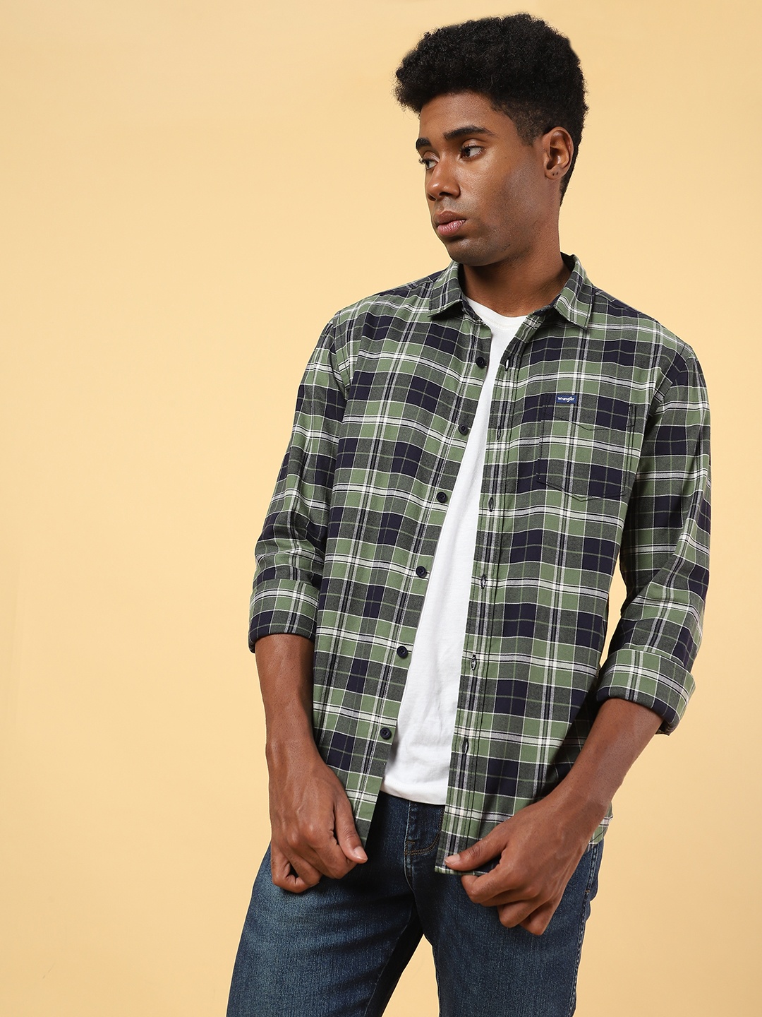 

Wrangler Tartan Checked Cotton Opaque Casual Shirt, Green