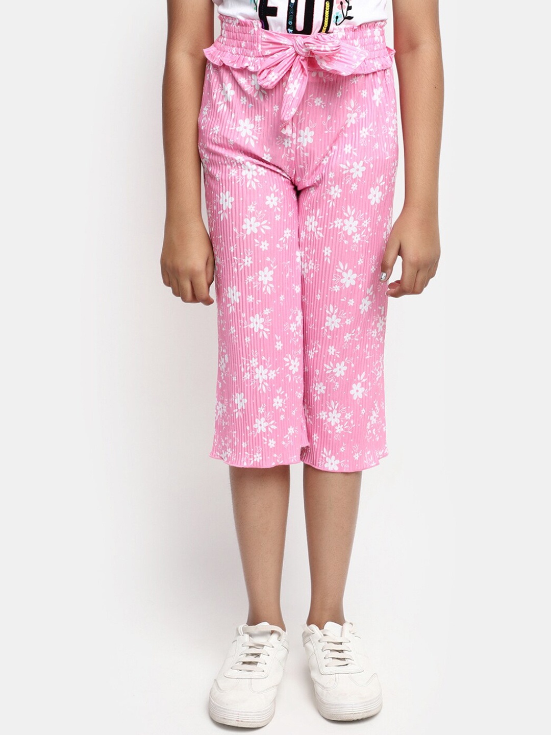 

V-Mart Girls Floral Printed Capris with Tie-Up Detail, Pink