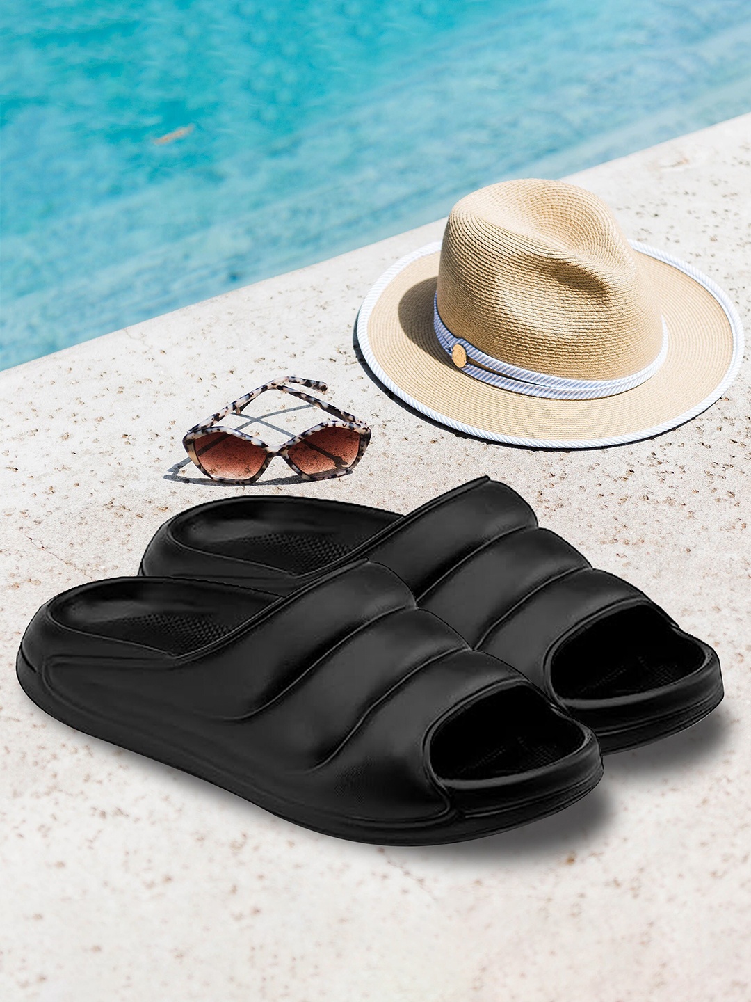 

Bruton Men Self Design Sliders, Black