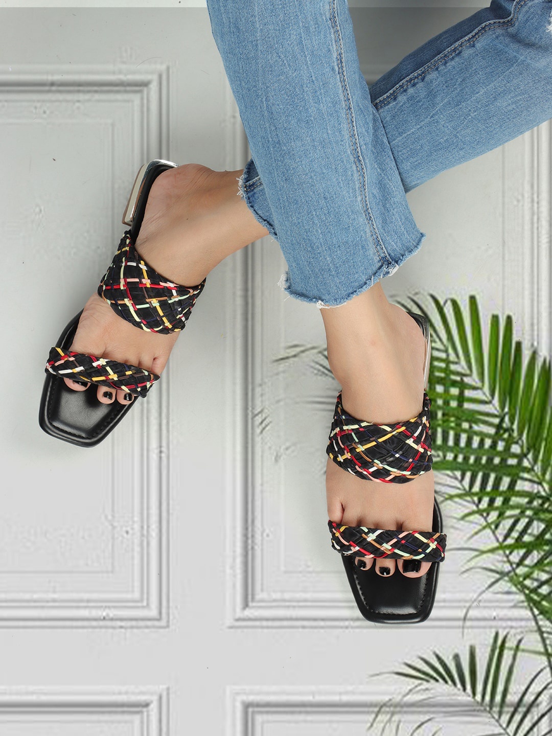 

ELLE Textured Open Toe Flats, Black