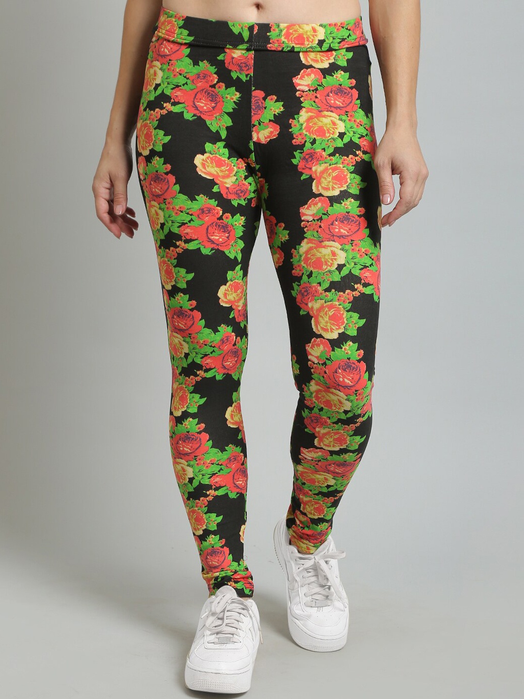 

N-Gal Floral Printed Ankle Length Leggings, Black