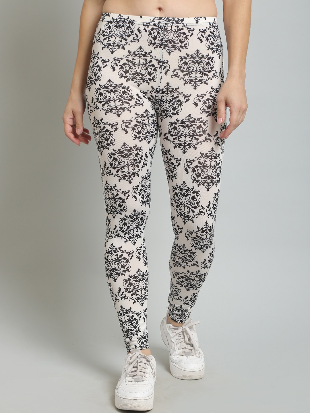 

N-Gal Leaf Printed Slim-Fit Ankle Length Leggings, White
