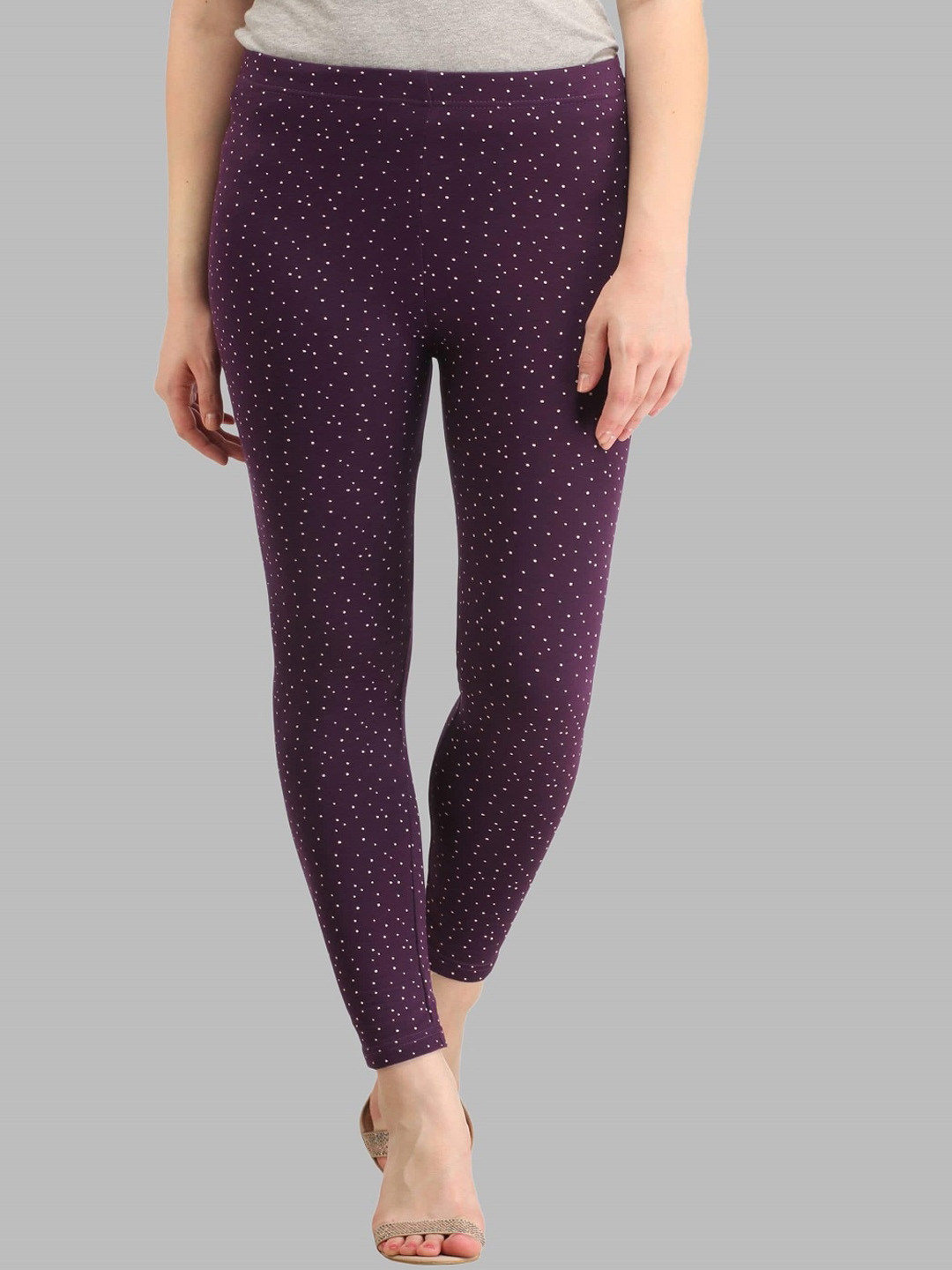 

N-Gal Polka Dot Printed Cotton Ankle Length Leggings, Purple