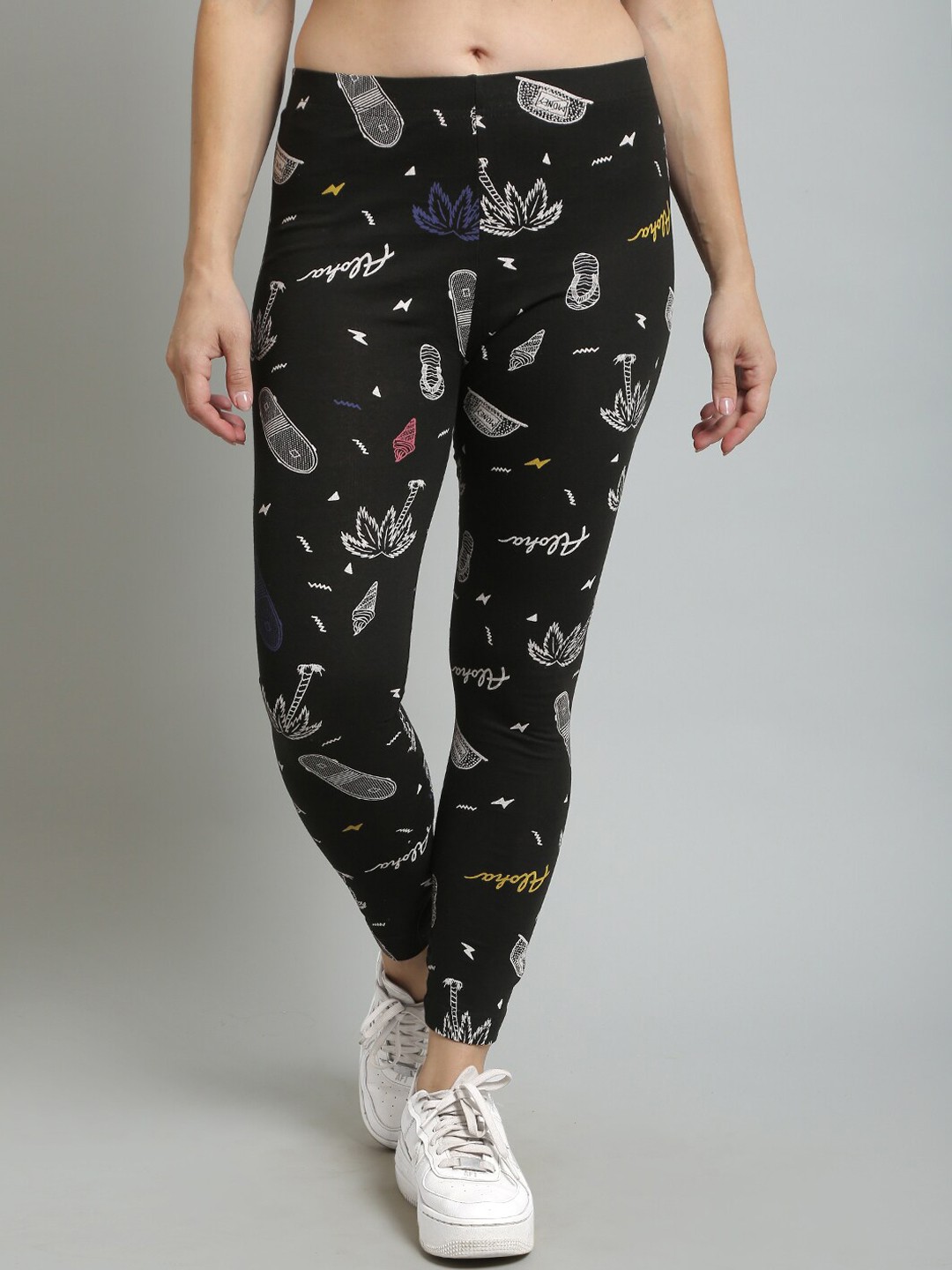 

N-Gal Abstract Printed Cotton Ankle Length Leggings, Black