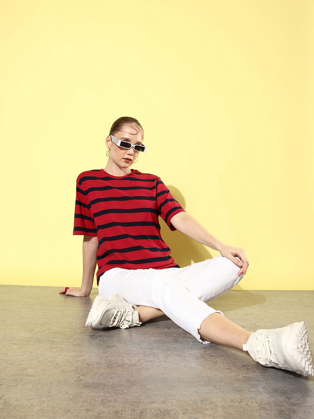 

DILLINGER Striped Oversized Drop-Shoulder Sleeves Pure Cotton T-shirt, Red