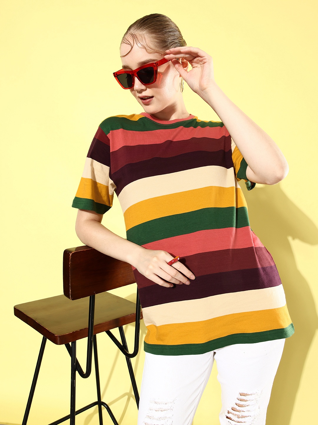 

DILLINGER Striped Oversized Drop-Shoulder Sleeves Pure Cotton T-shirt, Multi