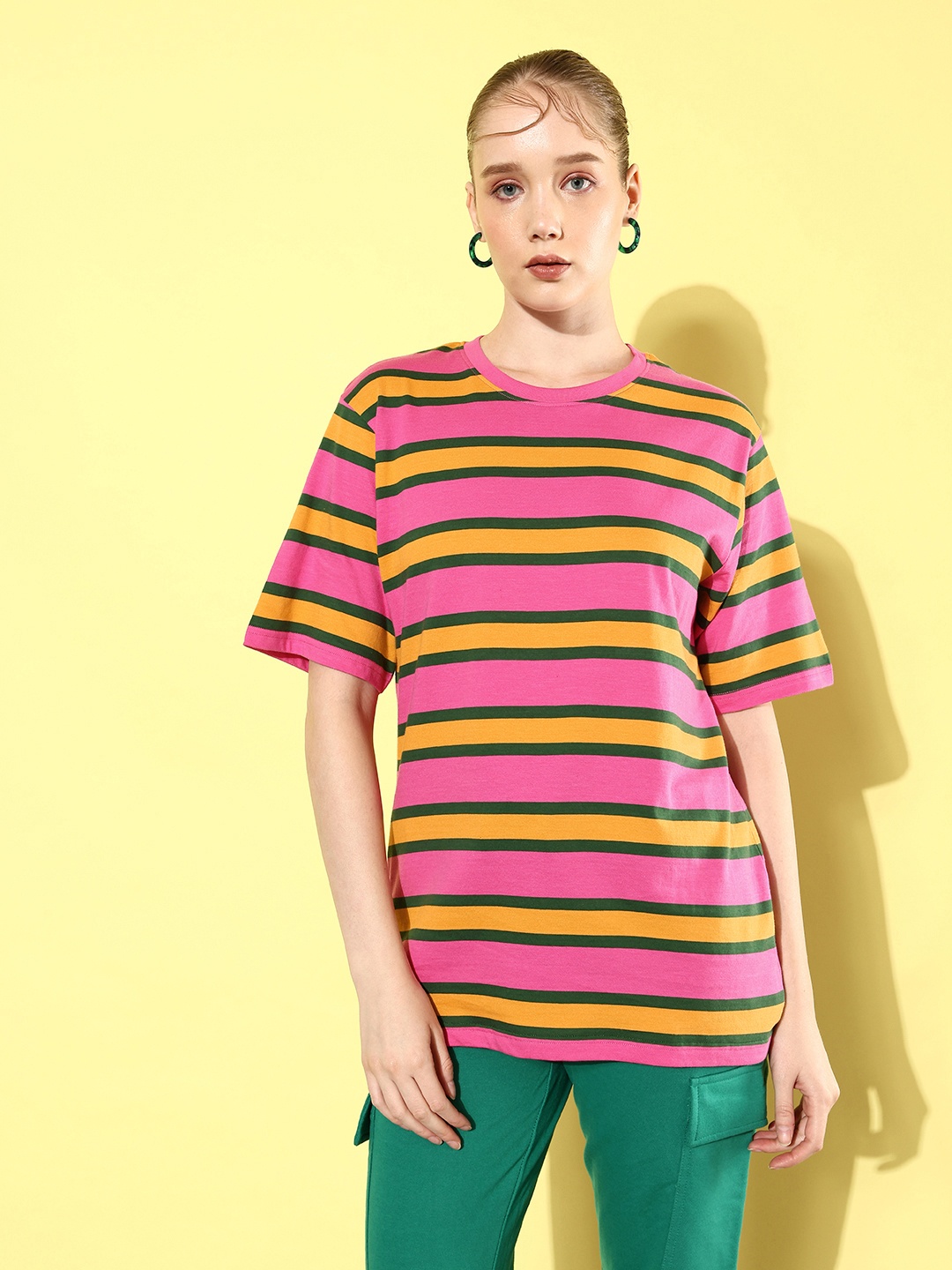 

DILLINGER Striped Oversized Drop-Shoulder Sleeves Pure Cotton T-shirt, Pink