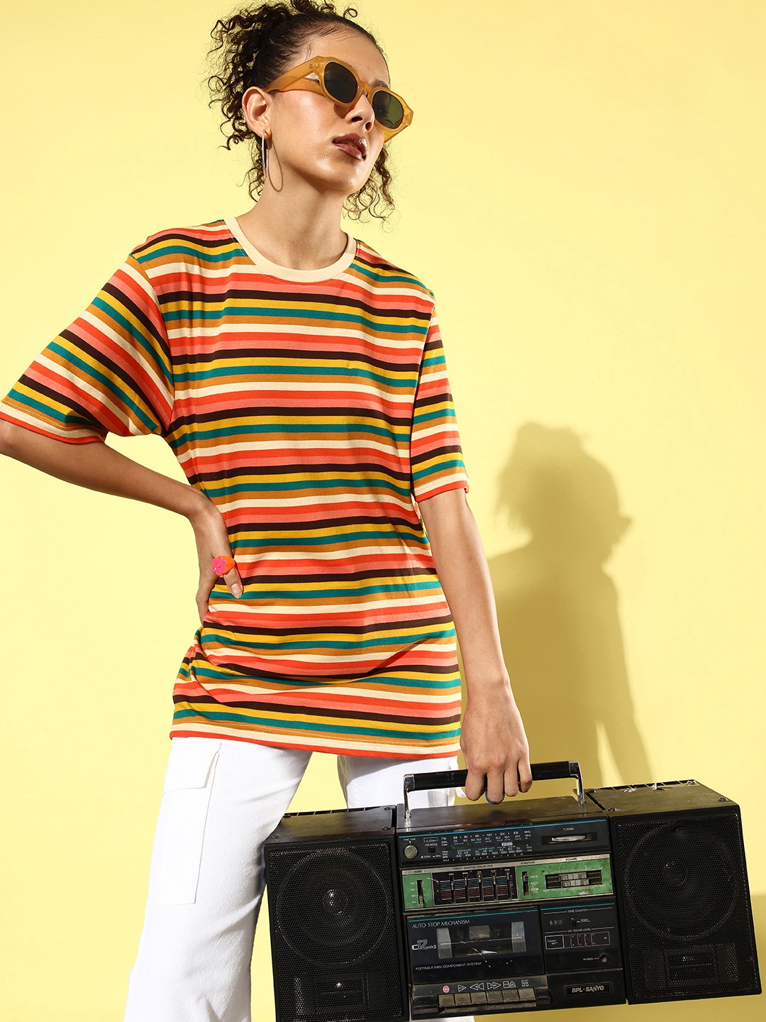 

DILLINGER Striped Oversized Drop-Shoulder Sleeves Pure Cotton T-shirt, Multi