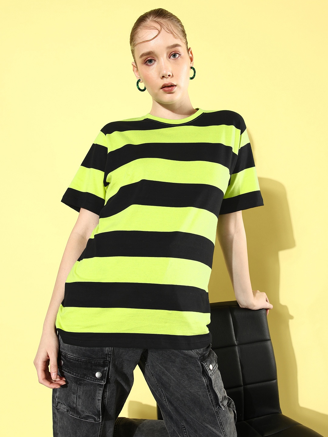 

DILLINGER Striped Oversized Drop-Shoulder Sleeves Pure Cotton T-shirt, Yellow