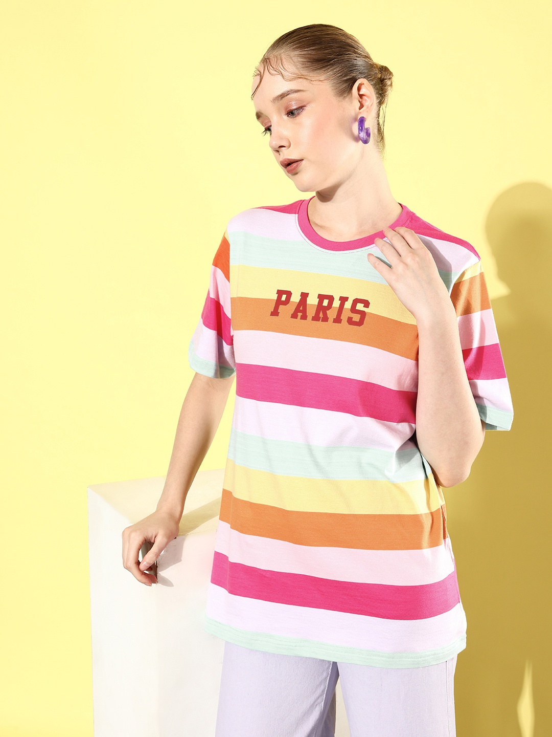 

DILLINGER Striped Oversized Drop-Shoulder Sleeves Pure Cotton T-shirt, Multi