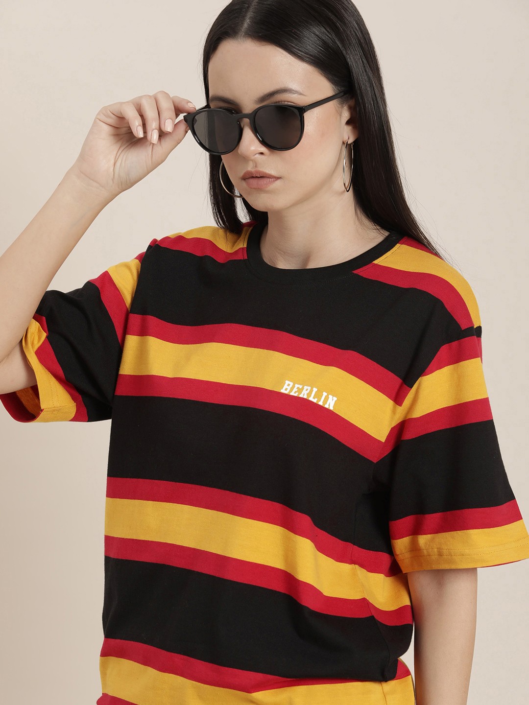 

Difference of Opinion Striped Oversized Pure Cotton Drop-Shoulder Sleeves T-shirt, Multi
