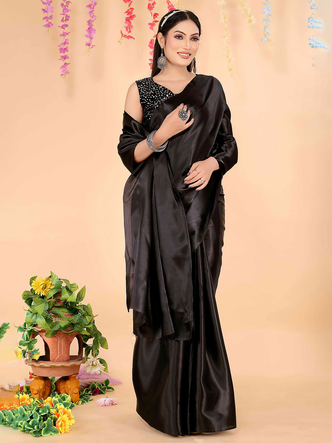 

KALINI Art Silk Saree With Sequinned Blouse Piece, Black