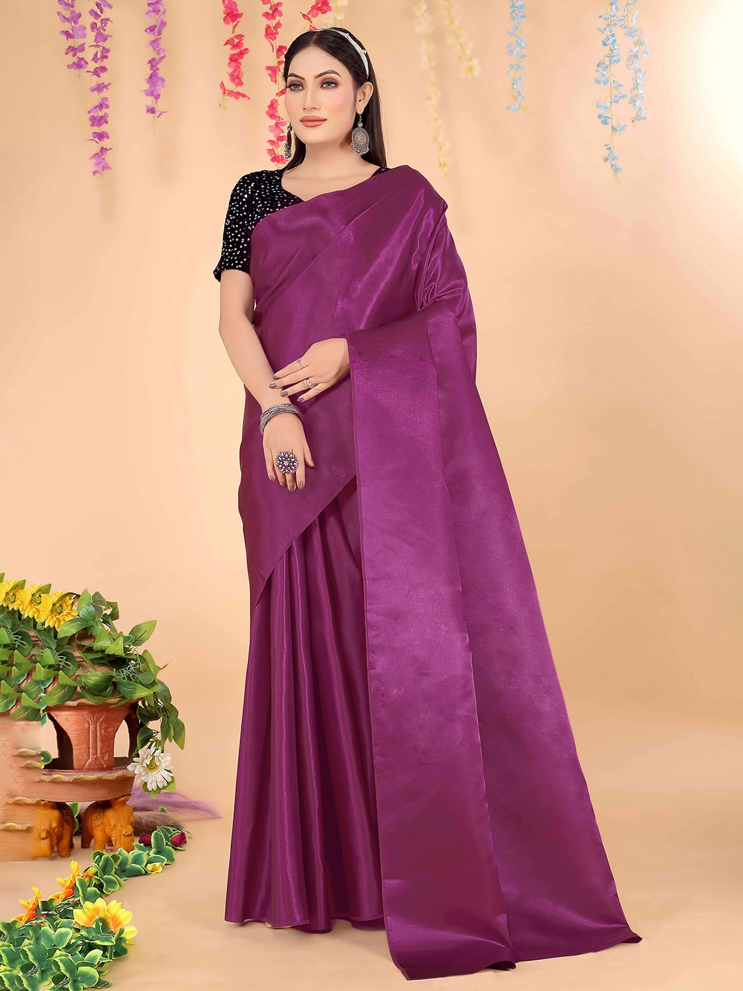 

KALINI Sequinned Art Silk Saree With Blouse, Purple