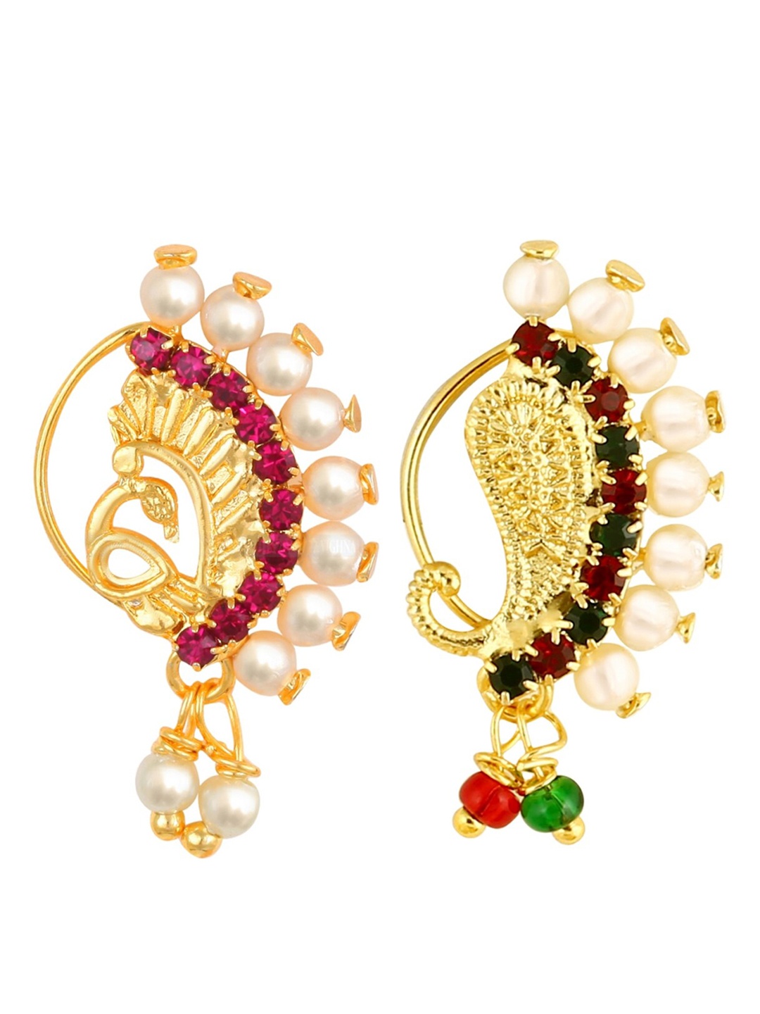 

Vighnaharta Set Of 2 Gold-Plated Stone Studded & Beaded Nose Ring