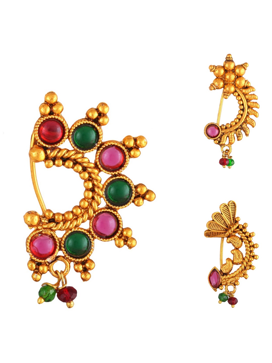 

Vighnaharta Set Of 3 Gold-Plated Stone Studded & Beaded Nosepins