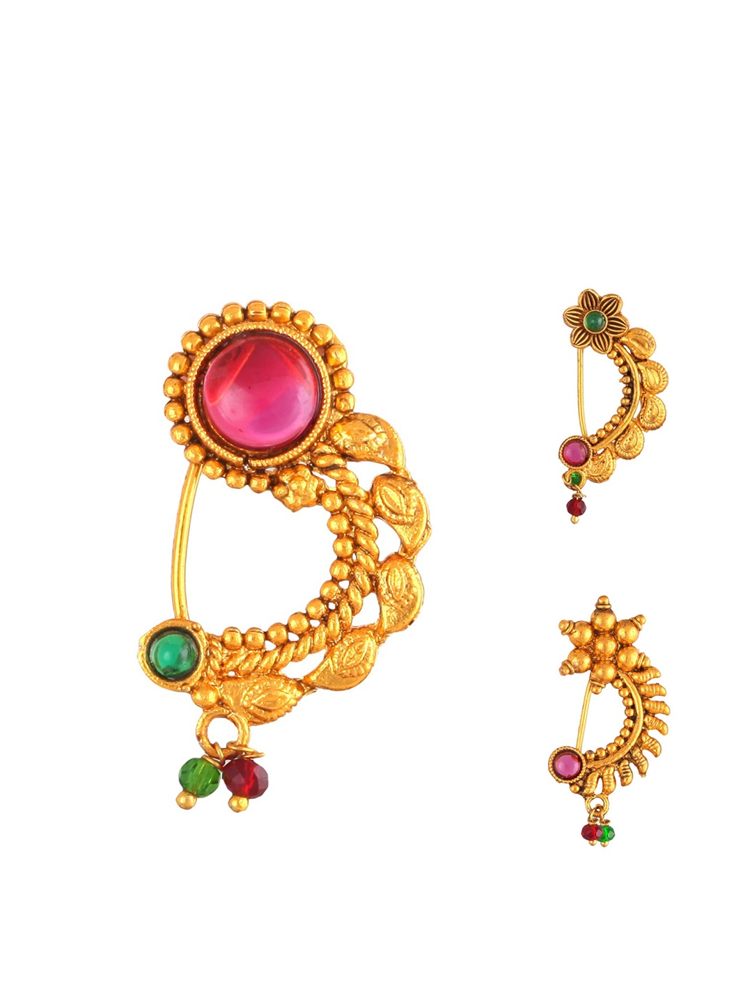 

Vighnaharta Set Of 3 Gold-Plated Stone Studded & Beaded Nosepins