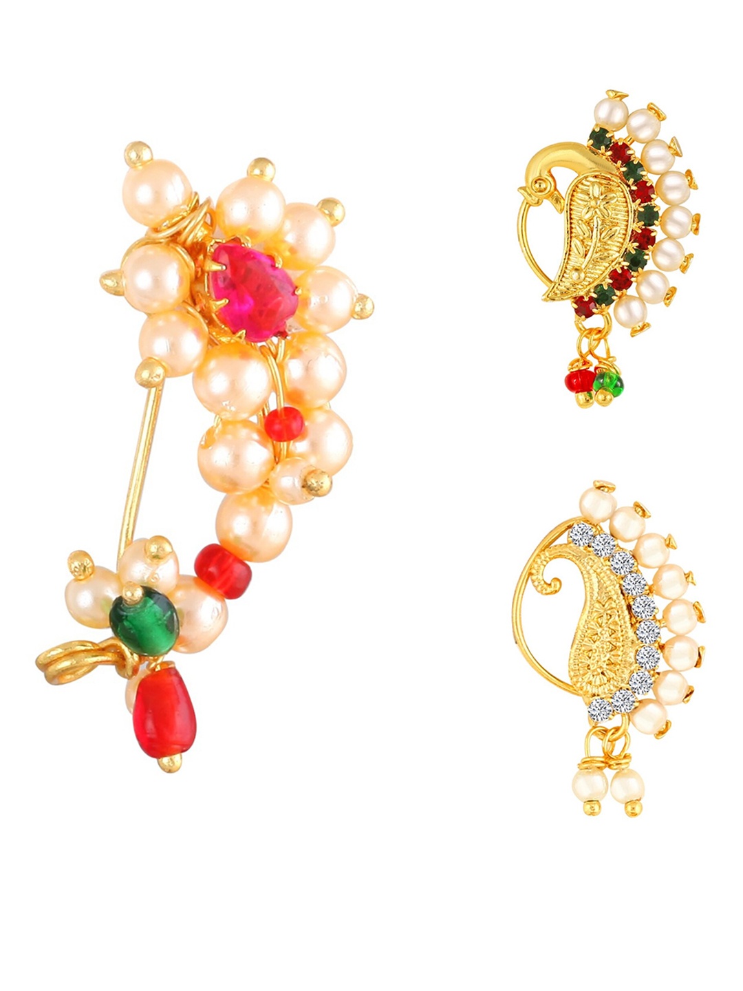 

Vighnaharta Set Of 3 Gold-Plated AD-Studded & Pearl Beaded Nosepins