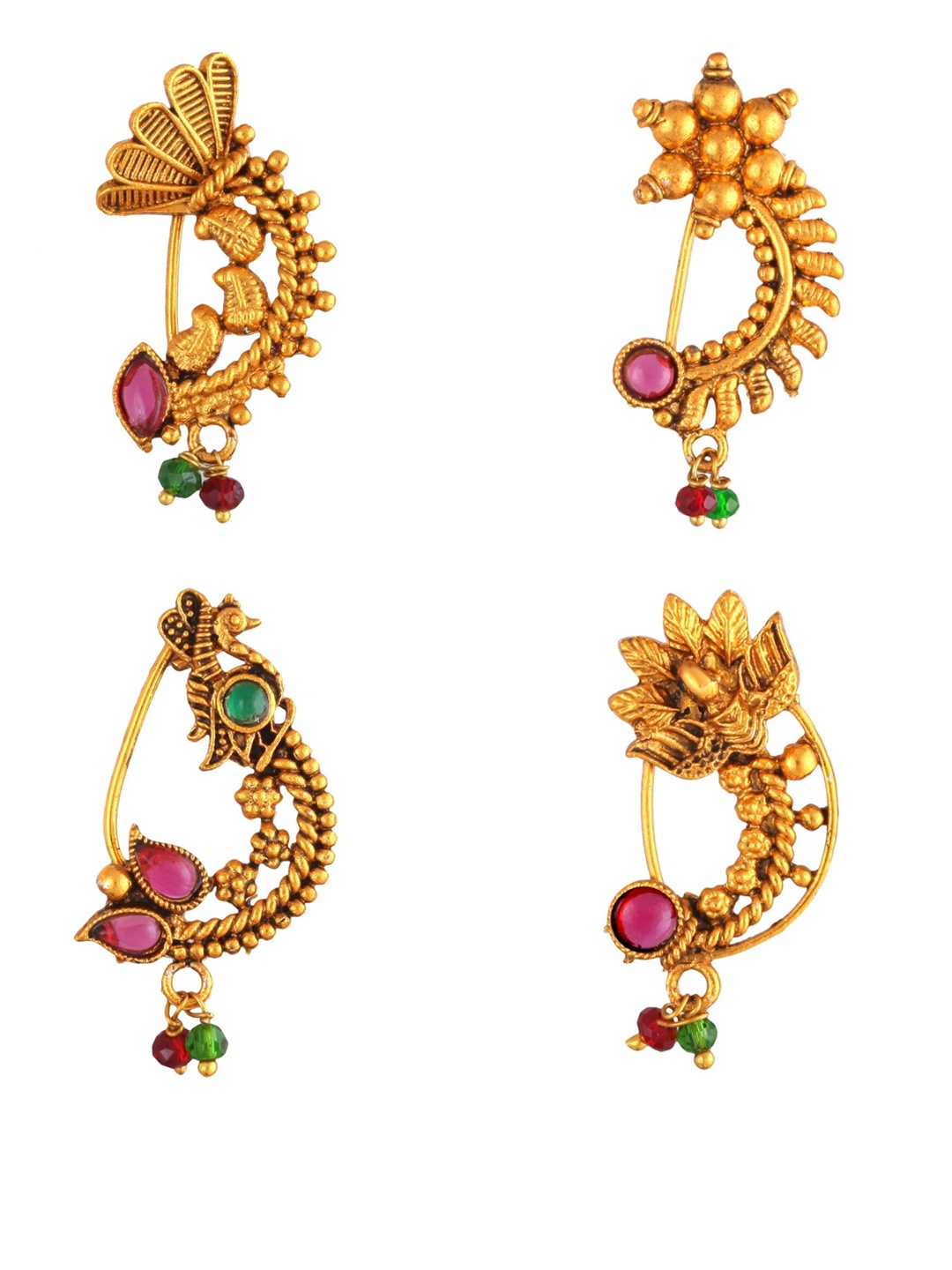 

Vighnaharta Set Of 4 Gold-Plated Stone Studded & Pearls Beaded Nosepins