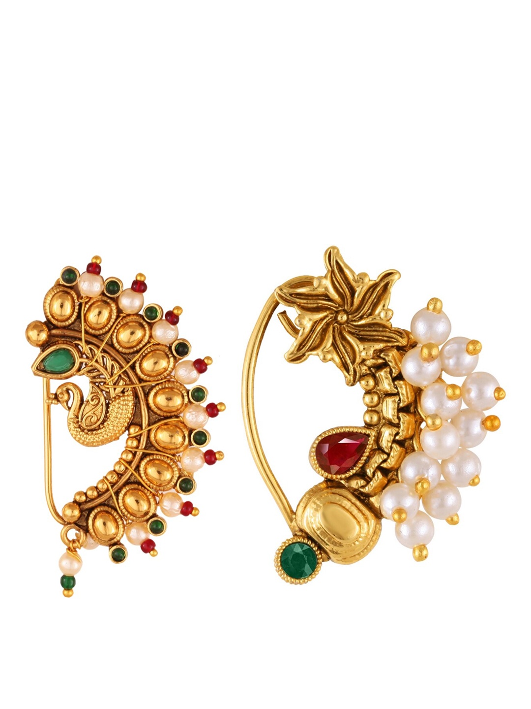 

Vighnaharta Set Of 2 Gold-Plated Stone-Studded & Pearl Beaded Nosepins