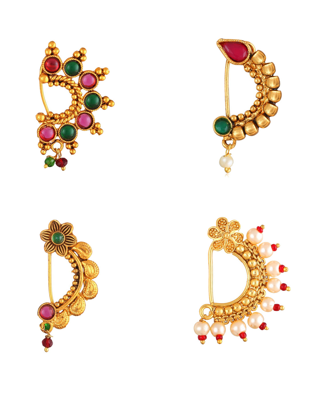 

Vighnaharta Set Of 4 Gold-Plated Stone Studded & Pearls Beaded Nosepins