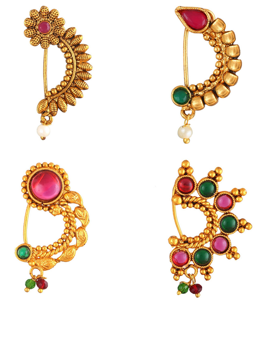 

Vighnaharta Set Of 4 Gold-Plated Stone-Studded & Beaded Ring Nosepins