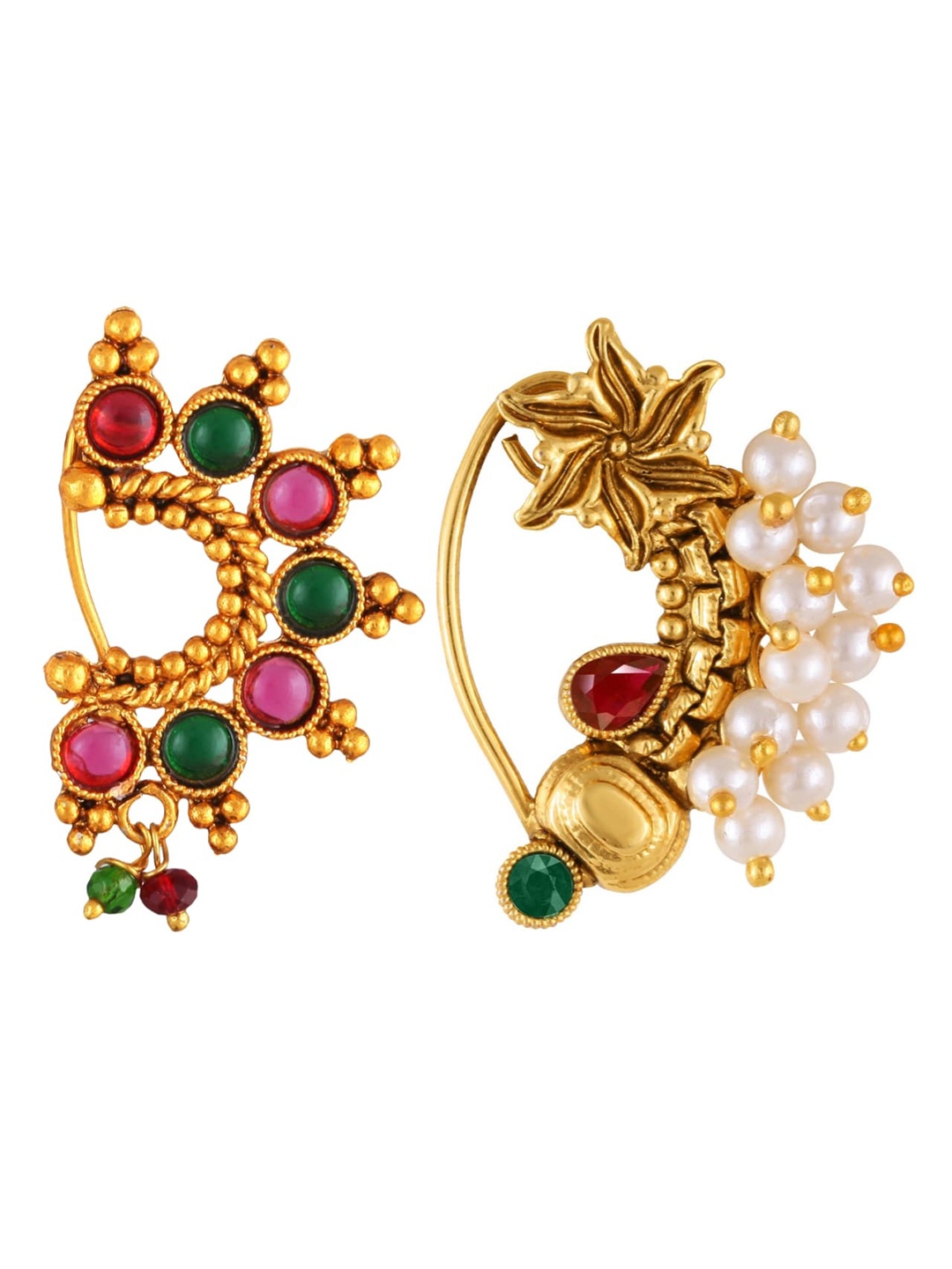 

Vighnaharta Set Of 2 Gold-Plated Stone Studded & Pearls Beaded Ring Nosepins