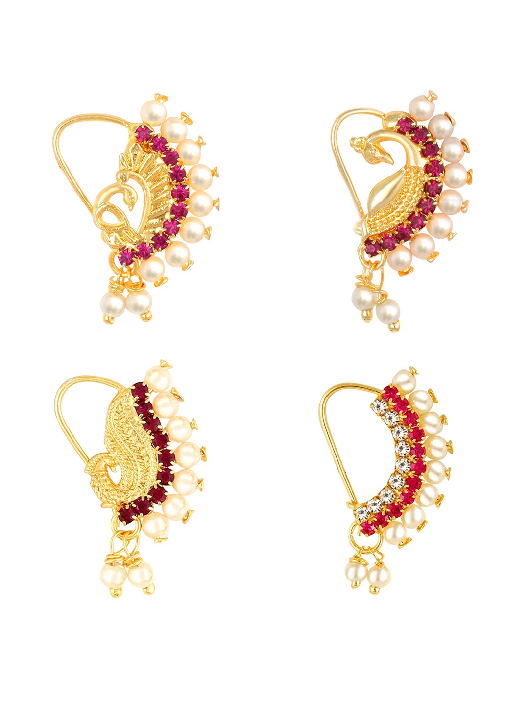 

Vighnaharta Set Of 4 Gold-Plated Stone-Studded & Pearl Beaded Ring Nosepins