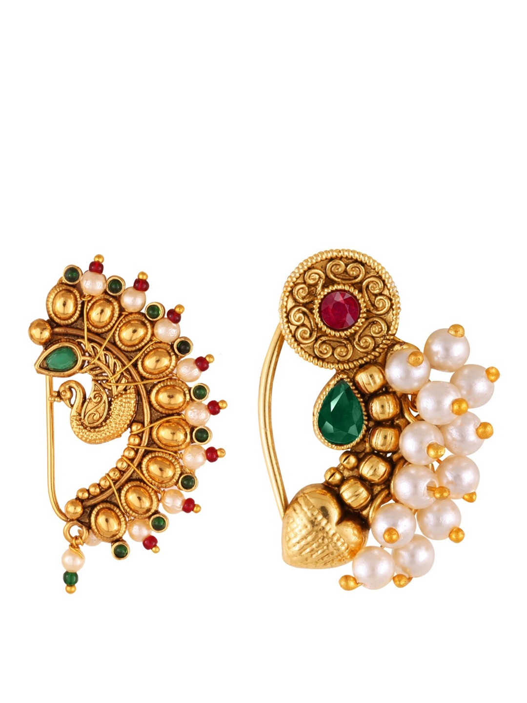 

Vighnaharta Set Of 2 Gold-Plated Stone-Studded & Pearl Beaded Ring Nosepins