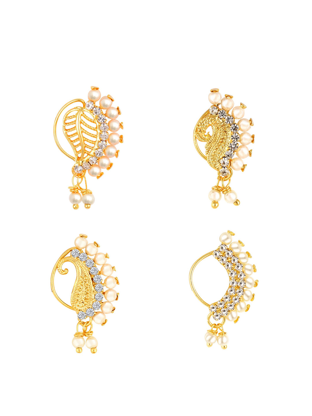 

Vighnaharta Set Of 4 Gold-Plated Stone Studded & Pearls Beaded Ring Nosepins